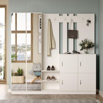 Pantofar Curier cu oglinda si 4 compartimente, Alb, 187x180x38 cm - Alb