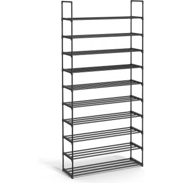 Raft de depozitare pantofi pe 10 niveluri, design slim, cadru metalic, 94x30x206 cm, negru