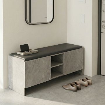 Raft de încălțăminte-taburet Zulla, Efect Marmură Bej Gri-Negru, 110x37x43 cm