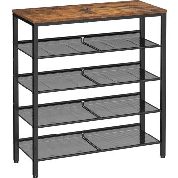 Raft de pantofi, 5 niveluri, rafturi reglabile din plasa, metal, stil industrial, 75x28x93cm, maro vintage negru