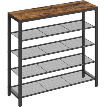 Raft de pantofi, cu 4 rafturi din plasa, cadru din otel, industrial, 30x100x92cm, maro rustic si negru