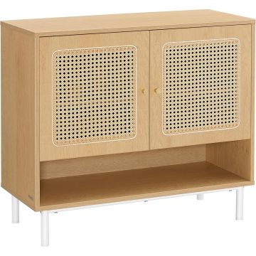 Raft pantofi 3 usi cu aspect ratan, cadru PAL si picioare metalice, stil boho, 80x35x70 cm, stejar bej