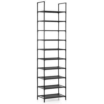 Raft pantofi inalt 10 polite structura metalica textile, 45x28x178 cm, depozitare, negru