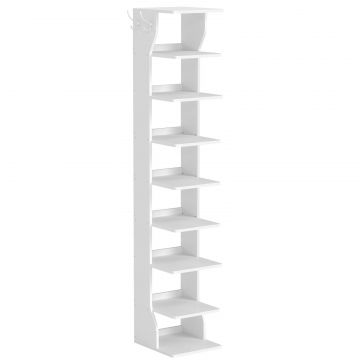 Raft pantofi pentru spatii inguste, 9 niveluri, cu carlige laterale, montaj pe podea, 26x30x147 cm, alb