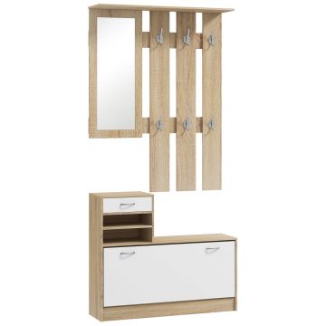 Set de Mobilier pentru Hol cu Raft pentru Pantofi, Oglinda si 2 rafturi Reglabile, 90x24x177 cm, Lemn Natural