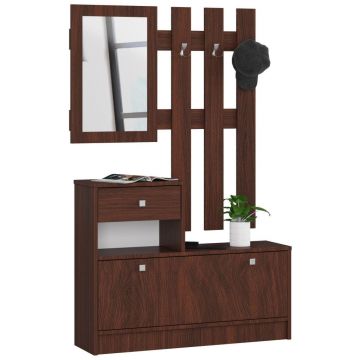 Set mobilier hol pantofar cu oglinda si cuier, 90x25x170 cm, organizare completa, maro