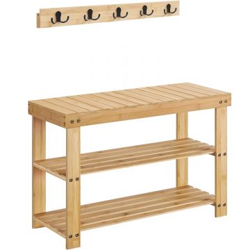 Set multifunctional pentru hol cu banca pentru pantofi si cuier, din bambus, 29x70x45 cm, maro natur