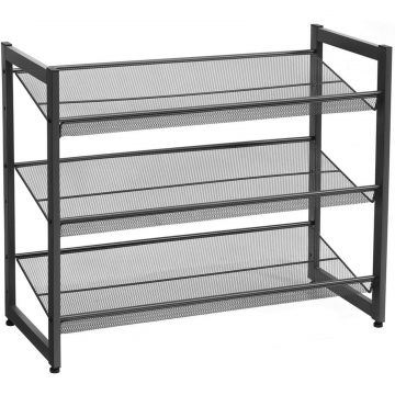 Raft depozitare pantofi 3 niveluri metal reglabil plat, 31x74x63 cm, design compact, negru