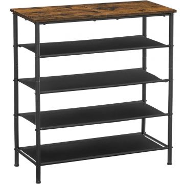 Suport pantofi 75x30x91 cm, 5 niveluri, rafturi textile si blat PAL, cadru metalic, maro rustic si negru