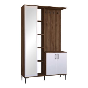 Unitate de intrare cu oglindă și cuier Melena, Alb/Nuc, Lemn, 120x37x199 cm