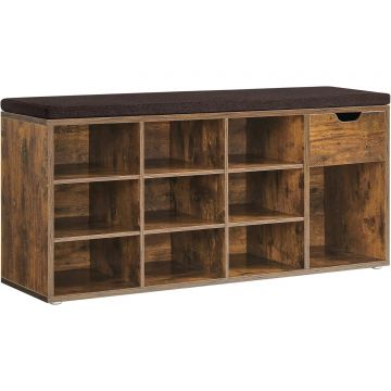 Banca depozitare suport pantofi 10 compartimente dulap perna, 30x104x48 cm, maxim 150 kg, maro rustic