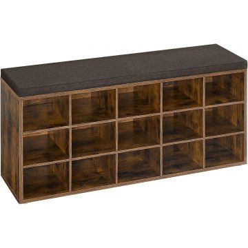 Banca pentru hol cu suport pentru pantofi, 15 compartimente, cu perna, 30x105x48cm, maro rustic