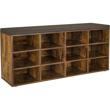 Pantofar cu banca cu 12 compartimente si perna, sarcina 136 kg, 104x30x48 cm, maro rustic