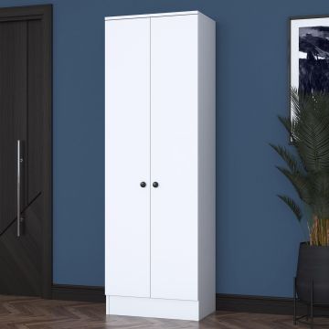 Cuier cu pantofar Mina cu 2 usi, Alb - Nuc, 60 x 183 x 38 cm - Alb