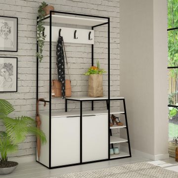 Cuier cu pantofar Pall  cu 2 Usi si Rafturi, 116 x 180 x 38 cm - Alb