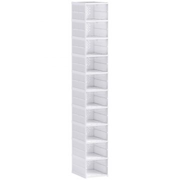 HOMCOM Pantofar Pliabil Slim, Modular, cu 10 Cutii pentru Pantofi, Economisire Spațiu, Fără Montaj, Alb | Aosom Romania